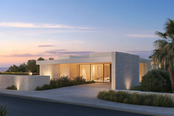 Modern architectural house with elegant design near the coast at sunset