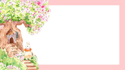 Mother and baby rabbits walk down the stairs from their tree house., hand-drawn watercolor frame design