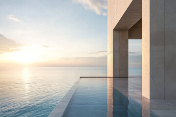 Modern architectural structure by a serene infinity pool at sunset along the coast