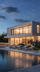 Obraz premium Modern villa with pool illuminated at dusk, showcasing sleek architecture and serene landscaping