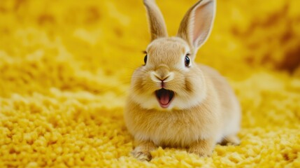 Obraz premium Cute Bunny on a Yellow Carpet
