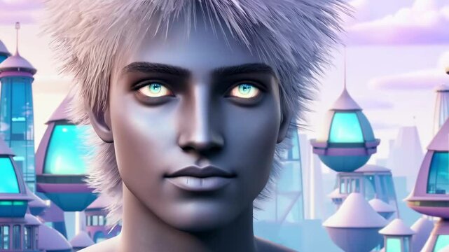 Close-up of a futuristic humanoid with feather-like hair and intelligent, glowing eyes, set against a pastel-colored cityscape with floating structures, exuding an advanced civilization vibe 4K video