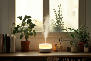 White essential oil diffuser emitting steam in a cozy living room setting.