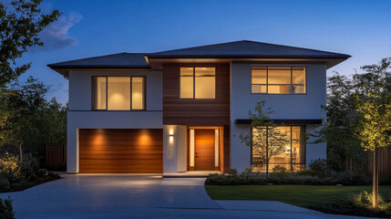 Modern house with large windows and warm lighting during twilight in a suburban area