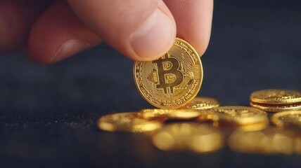 Closeup of an investor s hand adding a gold bullion coin to a collection, symbolizing diversification within their portfolio, Adding bullion to portfolio, Precise and strategic