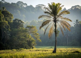 Fototapeta premium Soft Natural Morning Light Illuminates a Solitary Acrocomia totai Palm in a Peaceful Landscape Scene