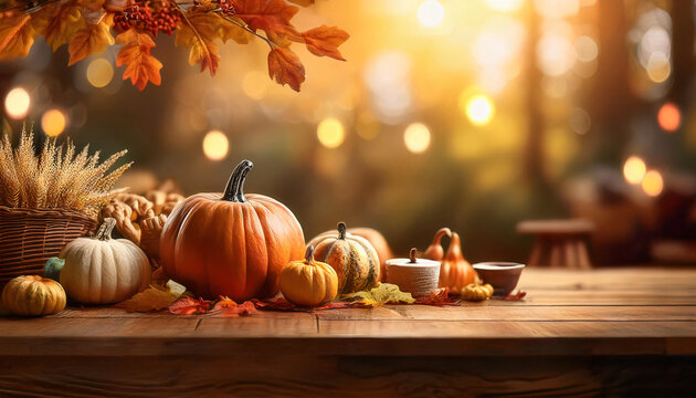 Warm-toned Thanksgiving scene with pumpkins and leaves