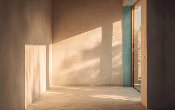 A serene interior space with warm sunlight illuminating walls and an open entrance in the afternoon