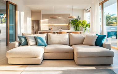 Cozy modern living room with a spacious sectional sofa and a sunlit open kitchen design