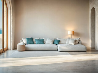 Modern living room with a light-colored sofa and large windows letting in natural light