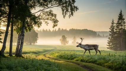 Fototapeta premium Soft Warm Sunlight Filters Through Misty Atmosphere Creating a Dreamy Natural Landscape Scene