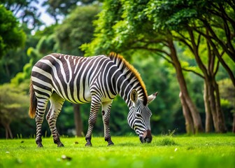 Zebra Grazing in Lush Green Landscape - Nature Photography, Wildlife, African Safari, Animal Behavior, Shallow Focus, Serene Environment, Natural Habitat, Outdoor Scene, Tranquil Setting