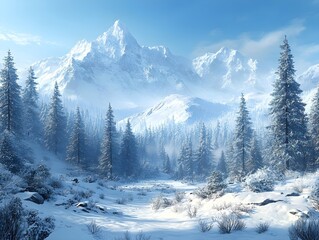North American winter wilderness with snow-covered mountains rolling hills and dense forests under a clear sky evokes serenity and strength
