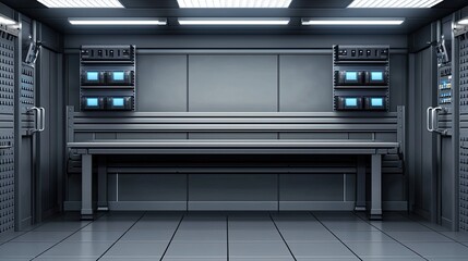 Obraz premium Futuristic lab interior with sleek surfaces and advanced equipment, gray tones.