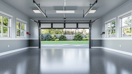 Modern garage interior with sleek flooring and large windows overlooking greenery.