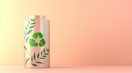 Fototapeta premium Recycling canister with green leaves on a soft pastel background.