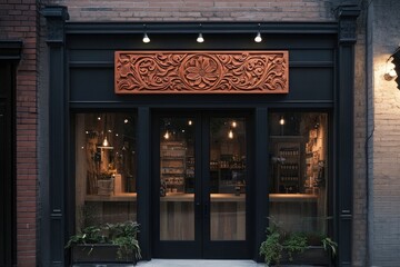 A modern storefront with a large wooden carving above the entrance.