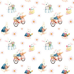 A pair of rabbits ride their bicycles past. White flowers are flying around, and a rabbit is sitting and reading a book., hand-drawn watercolor seamless pattern