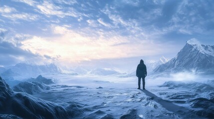 Solitary Figure in a Serene Frozen Landscape