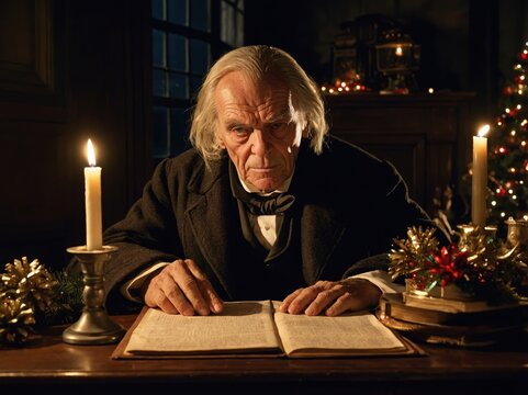 Ebenezer Scrooge sitting at his desk in his office, surrounded by shadows, embodying the cold, miserly character from Charles Dickens' A Christmas Carol