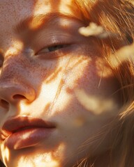 A woman with red hair and freckles is standing in the sun