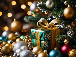 A beautifully wrapped gift box with a festive ribbon sits under a glowing Christmas tree, surrounded by ornaments and sparkling lights