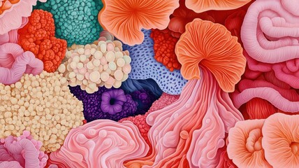 Artistic view of a healthy gut ecosystem inside the intestines, with diverse types of beneficial bacteria, Gut microbiome illustration, Vibrant and detailed