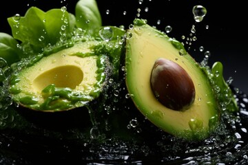Sliced avocados with droplets and splashes of water on a green background, light tones.