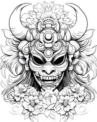 Fototapeta premium A black and white drawing of a demon with horns and a mask. The demon is surrounded by flowers, giving the drawing a somewhat whimsical and playful feel. The flowers are scattered throughout the image