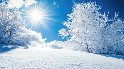 Fototapeta premium Winter Landscape with Bright Sun and Snowy Trees