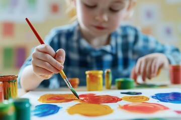A child immersed in painting with vibrant colors, participating in art therapy to express emotions and foster creativity