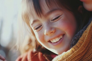 A joyful child with Down syndrome, radiating happiness and engaging in a playful activity