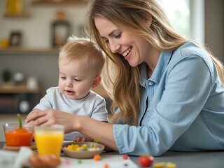 parent and child playing - Mother and Child Enjoying a Healthy Breakfast Together - Family Bonding and Nutrition at Home
