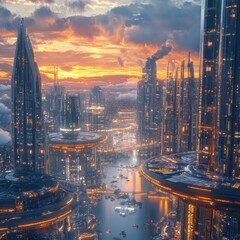 Fototapeta premium Futuristic Cityscape with Sunset Sky and Waterway