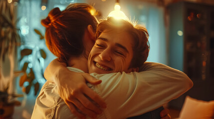 Fototapeta premium A portrait of a grateful teenage son hugging his smiling middle-aged mother, showing love and care, enjoying weekend family time at home together, with a bonding theme.