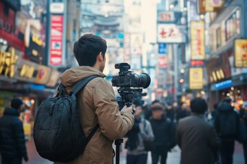 Obraz premium A photographer capturing street life in a vibrant city. The scene is bustling with energy and vivid signage all around. Explore the essence of urban photography. Generative AI