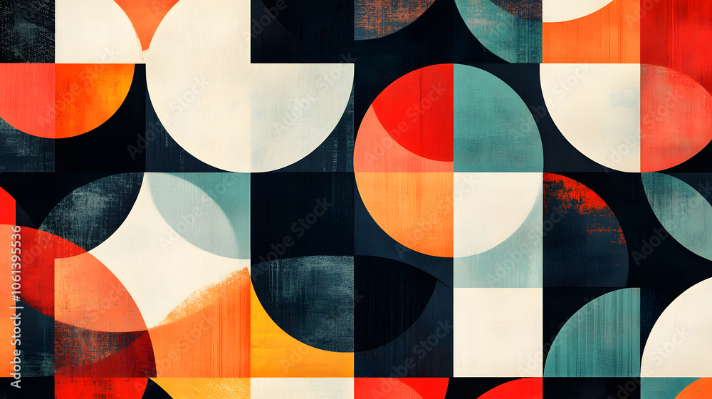 Wall mural abstract geometric pattern with colorful circles and squares on a dark background.