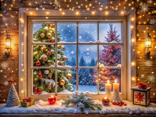 Fototapeta premium Enchanting Christmas Window View with Twinkling Lights and Soft Snowfall - A Cozy Holiday Atmosphere