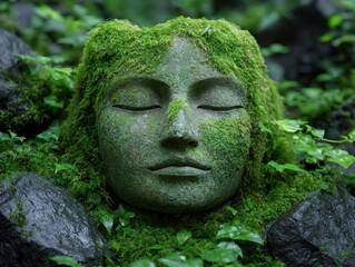 Fototapeta premium Serene moss-covered stone buddha statue in lush green forest