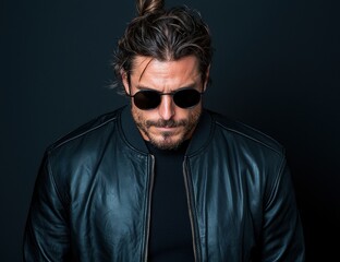 Obraz premium Stylish man in leather jacket and sunglasses