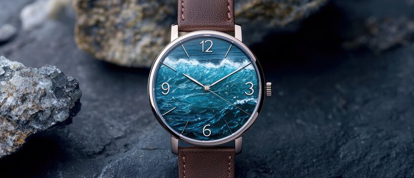 Rugged watch with ocean wave dial