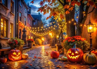 Enchanting Halloween Night Street Scene with Spooky Lights and Festive Atmosphere Perfect for Autumn Celebrations and Seasonal Festivities