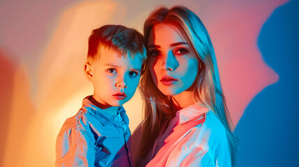 Obraz premium A portrait of a mother and son against a colored background.