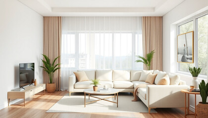 Fototapeta premium A modern living room interior with a comfortable sofa, a stylish armchair, and a sleek coffee table