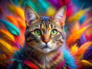 Enchanting Portrait of a Cat Surrounded by Feathers - Whimsical Feline Photography, Cat Lovers, Pet Portraits, Soft Textures, Playful Atmosphere, Animal Art, Adorable Cats