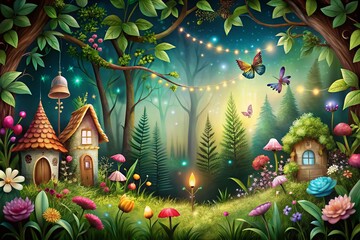 Fototapeta premium Enchanting Vector Seamless Border with Forest Plants and Fairy House Background for Kids’ Illustrations, Decorative Frames, and Creative Crafts