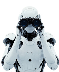 futuristic robot with sleek design is using binoculars, showcasing advanced technology and curiosity. robots white exterior contrasts with its intricate mechanical details, evoking sense of