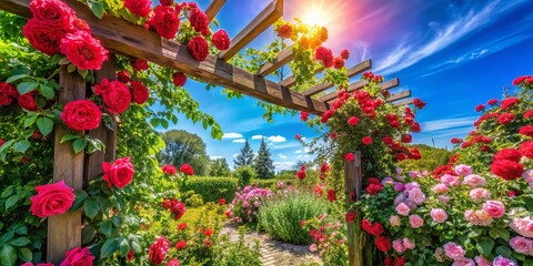 Enchanting Trellis Covered in Vibrant Climbing Roses in Full Bloom, Capturing the Essence of Garden Beauty and Romantic Landscapes