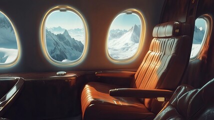 Luxurious Private Jet Interior with Leather Seat and Mountain View .