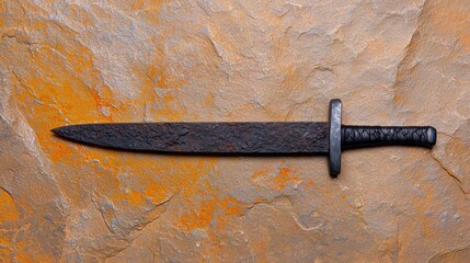 Rusty medieval sword on rock surface